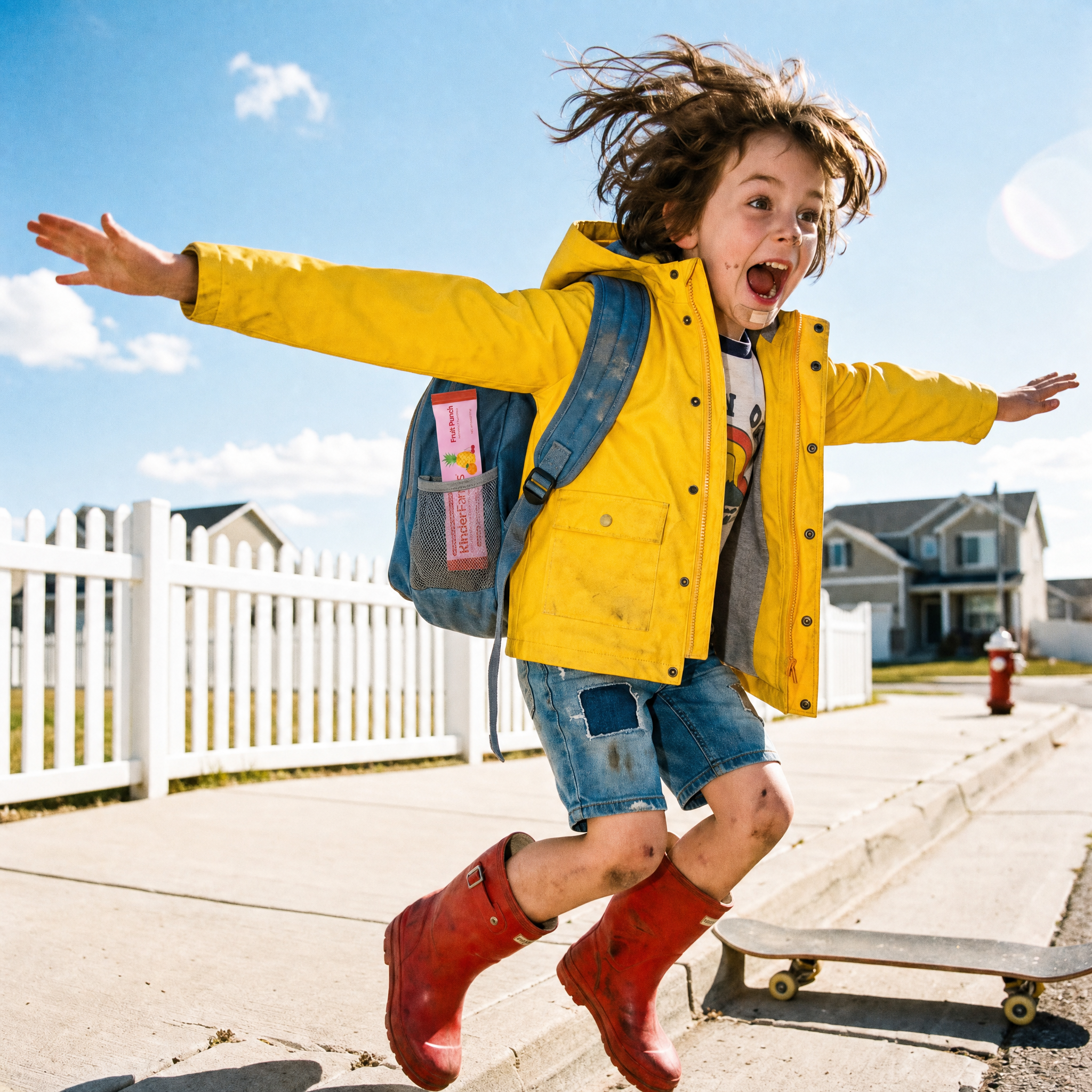 Kid mid-jump in a yellow raincoat with a KinderFarms packet in their backpack pocket