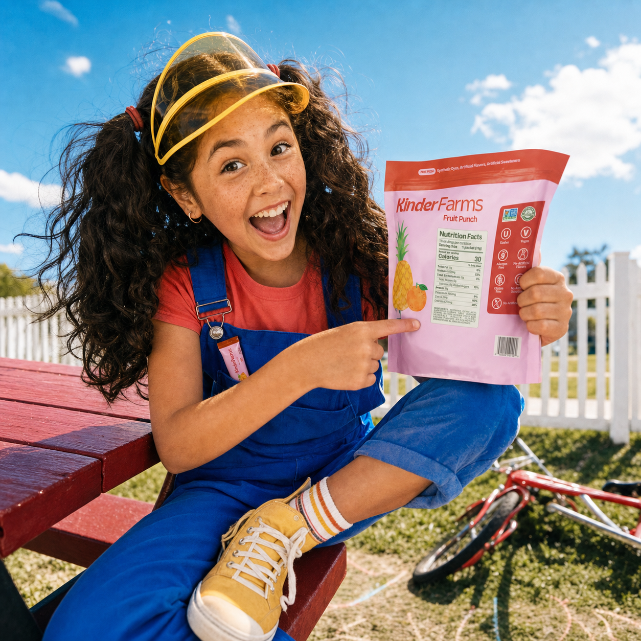 Girl pointing at the Nutrition Facts label on a KinderFarms Fruit Punch pouch