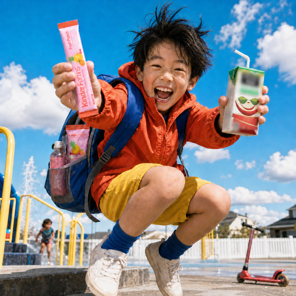 Kid mid-jump at the splash pad, KinderFarms Fruit Punch packet in hand and more in the backpack pocket