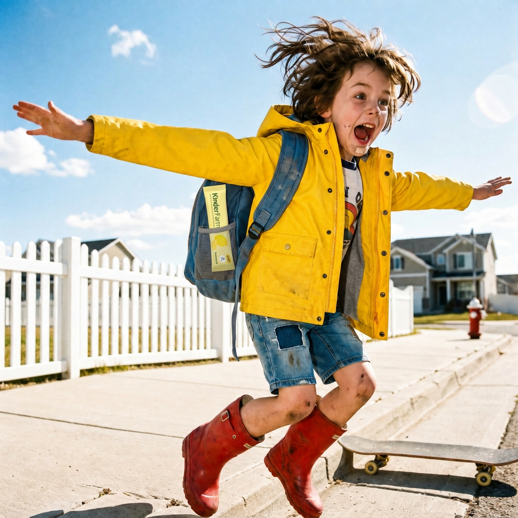 Kid mid-jump in a yellow raincoat with a KinderFarms Lemonade packet in their backpack pocket
