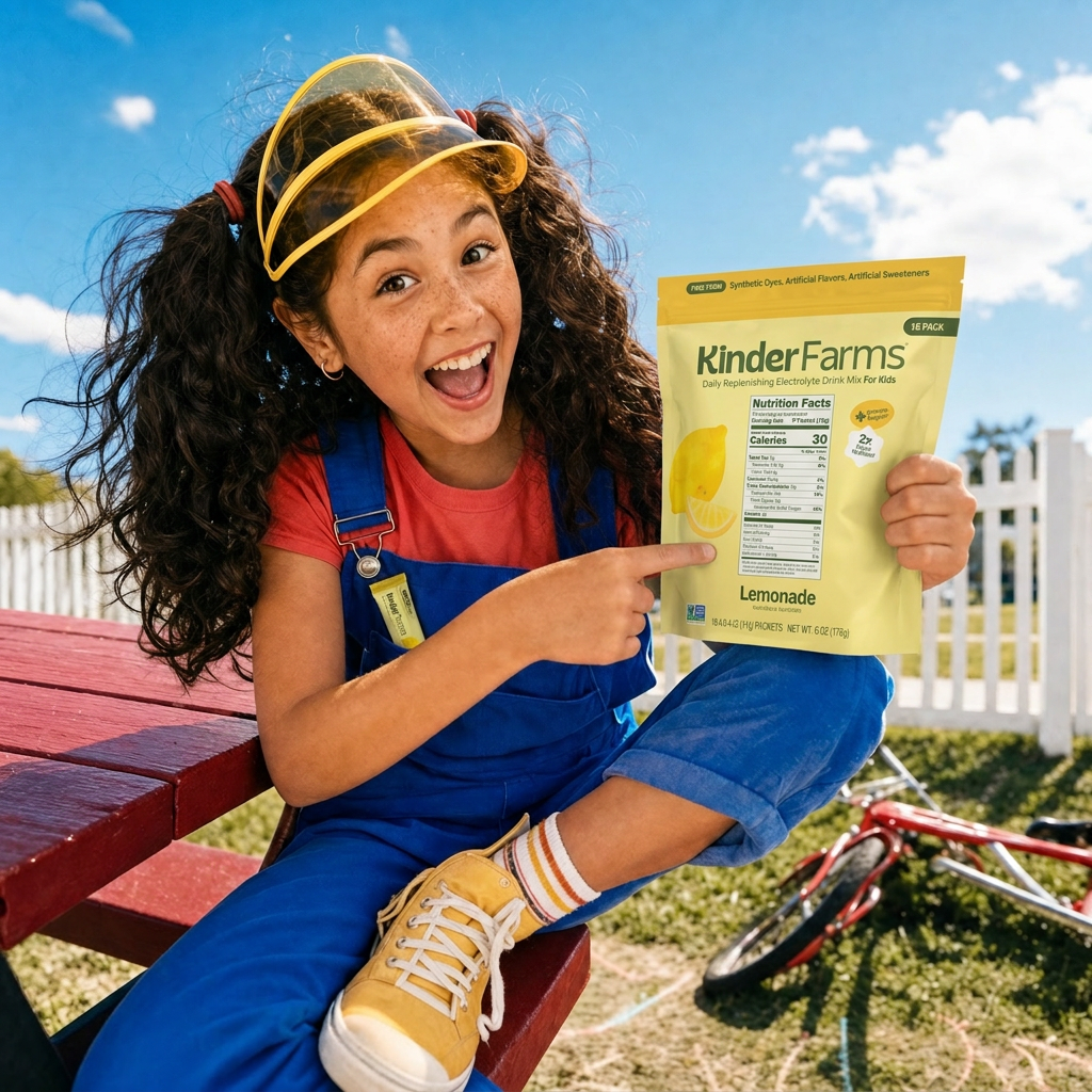 Girl pointing at the Nutrition Facts label on a KinderFarms Lemonade pouch