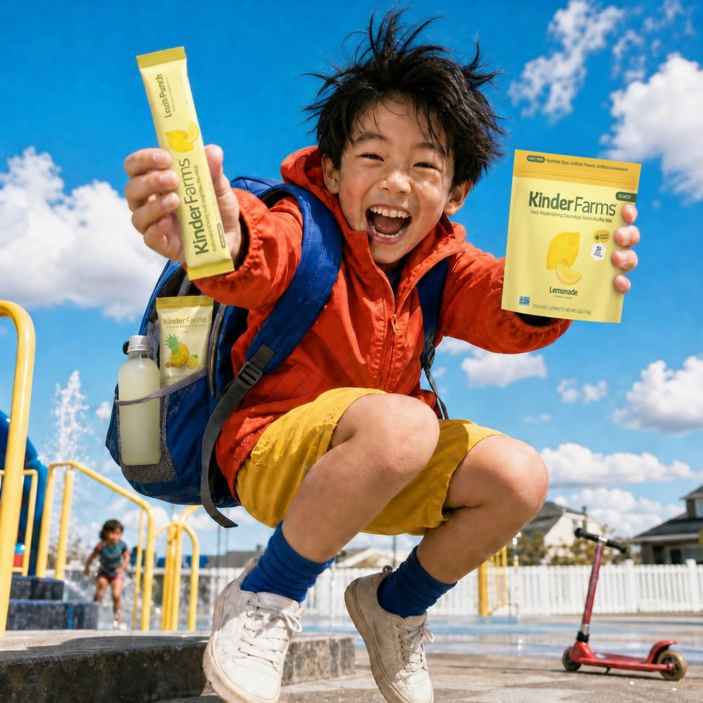 Kid at the splash pad holding KinderFarms Lemonade packets, more in the backpack