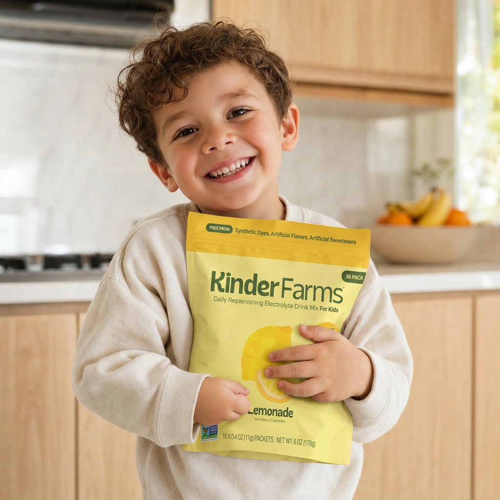 Happy kid hugging a KinderFarms Lemonade pouch in the kitchen