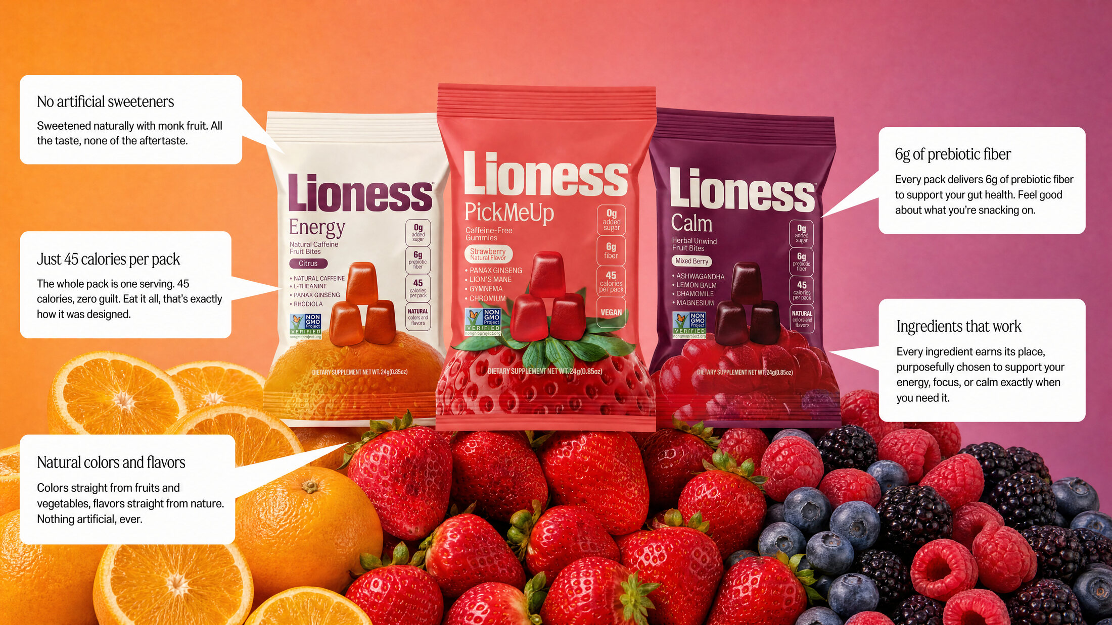 All three Lioness packs — Energy, PickMeUp and Calm — on a bed of oranges, strawberries and mixed berries.